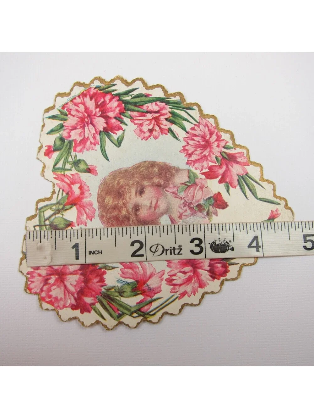Valentine Card Girl Pink Carnation Flowers Heart Embossed Die cut Bifold Antique